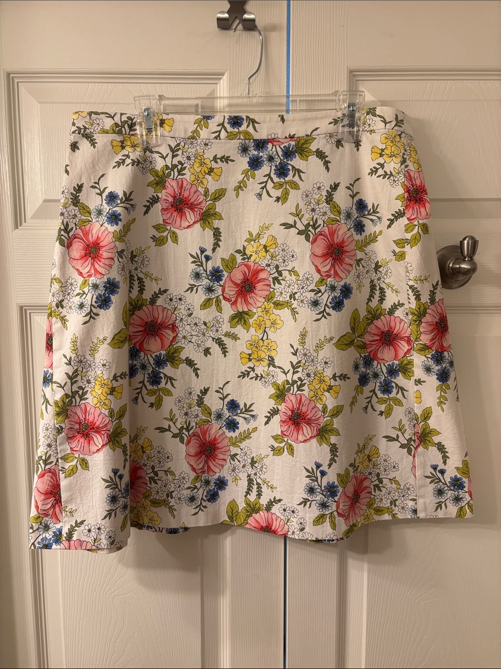 Floral A-Line Skirt in White with Pink, Blue, & Yellow Blooms